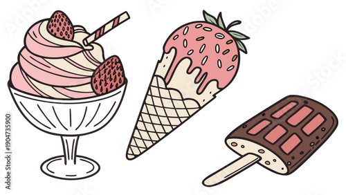 Hand drawn illustration of various ice cream desserts including a sundae, cone, and popsicle