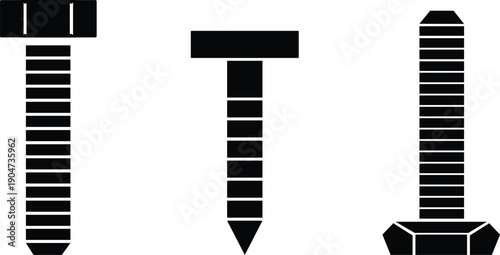 Three distinct black silhouette icons representing different types of fasteners including bolts and screws isolated on a white background