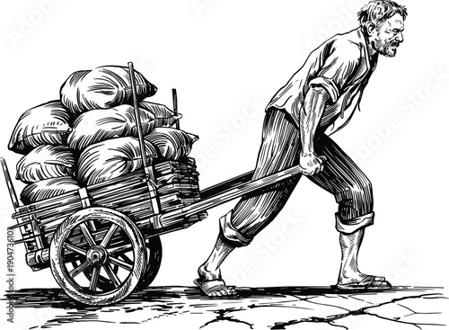 Vintage Woodcut Style Illustration of a Bearded Laborer Straining to Pull a Heavy Wooden Hand Cart Overloaded with Large Burlap Sacks of Grain