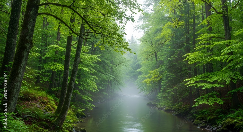 Obraz premium Lush green forest scene river flowing through trees with sunlight