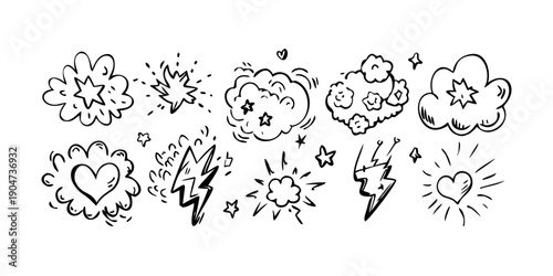 A diverse collection of abstract and geometric shapes in black and white Vector