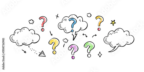 A colorful illustration of various thought clouds with question marks and light bulbs. Vector