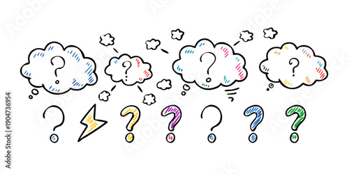 A series of thought bubbles with question marks inside, symbolizing confusion or uncertainty. Vector