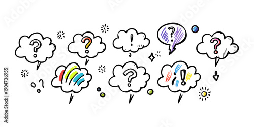 A whimsical illustration of various thought bubbles with diverse symbols and colors. Vector