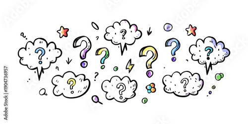 A whimsical illustration of various thought bubbles with diverse symbols and objects. Vector
