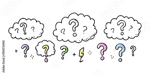 Three clouds with question marks inside them, each with a different color. Vector