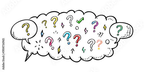 A diverse collection of colorful question marks and symbols in a thought bubble Vector