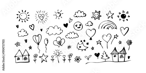 A delightful array of various icons and symbols in a whimsical style Vector