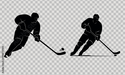 Two ice hockey players in action on the rink with sticks and puck