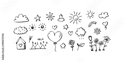 A delightful collection of hand-drawn weather, nature, and love symbols. Vector
