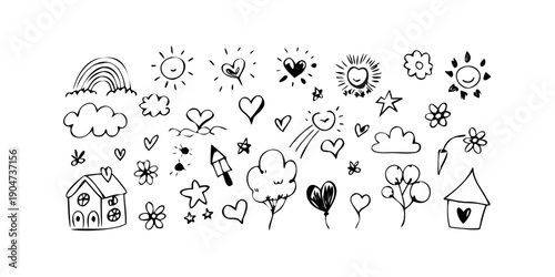 A delightful array of diverse and charming black and white doodle icons Vector