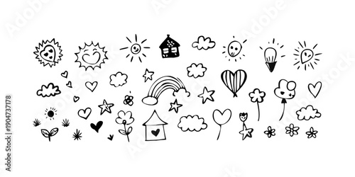 A whimsical collection of diverse icons and symbols in a playful arrangement Vector