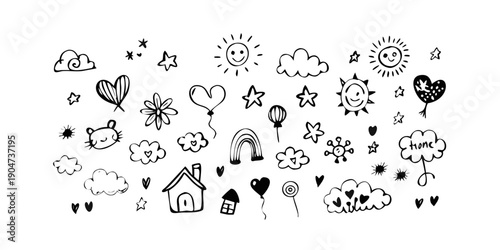 A delightful array of various icons and symbols in a whimsical and playful style Vector