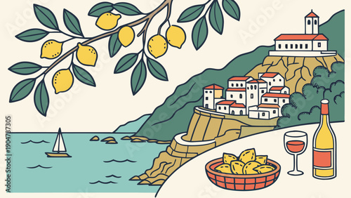 Illustration of a mediterranean landscape with a lemon branch a coastal village wine and lemons.