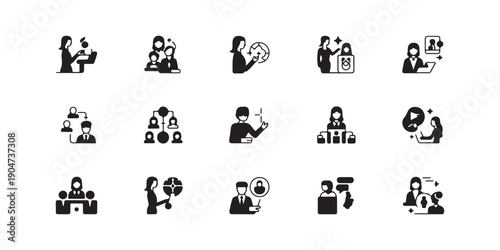 Business team hierarchy and networking icons representing organizational structure and remote collaboration