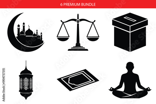 Ramadan and Eid icon set, 6 premium symbols. Includes crescent moon, scales, gift box, lantern, prayer mat, and meditating person. Created in solid black style with white outline.