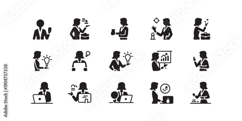 Professional businesswoman icons set for corporate management career growth and leadership success concepts