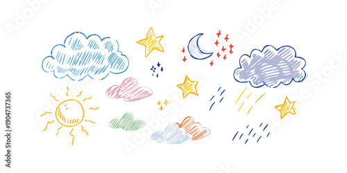 A delightful collection of whimsical clouds, stars, and celestial bodies floating in a dreamy sky. Vector