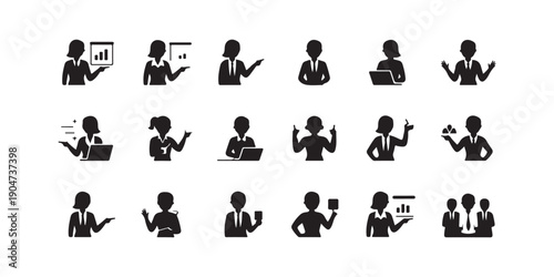 Businesswoman icons set. professional women showing charts, using laptop, and making presentations.