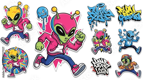 Colorful alien characters and graffiti designs collection vector illustrations