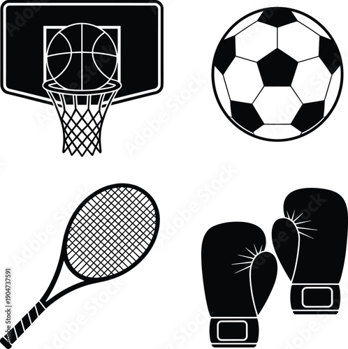 Black and white sports including basketball hoop soccer ball tennis racket boxing gloves