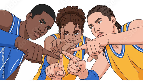 Diverse Basketball Team Huddle Planning Strategy with Hand Signals. Focused Young Athletes Vector Illustration for Sports Communication and Unity.