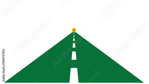 Minimalist Green Road to Destination. Vector illustration of a long highway path leading to a golden gate/goal, symbolizing success, future, and progress.