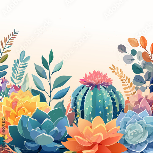 Vibrant desert flora and succulents illustrated in a colorful, artistic composition