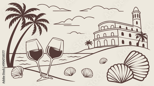 Vintage style line art illustration of a beach vacation with wine and a mediterranean town.