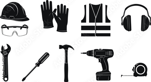 Construction safety equipment silhouette icon set, hard hat, gloves, safety vest, earmuffs, goggles, wrench, screwdriver, hammer, drill, measuring tape, vector illustration
