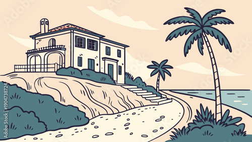 Vintage style pixel art illustration of a mediterranean villa on a hill overlooking the sea