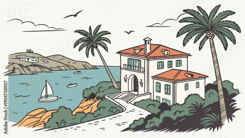 Coastal villa illustration with orange roofs and bay with sailboats.