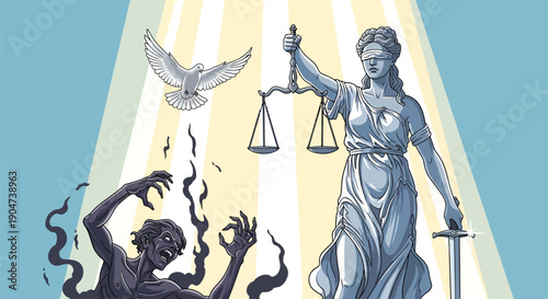 Modern artistic symbolic illustration representing truth overcoming lies