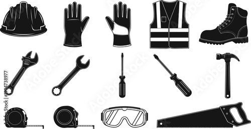 Construction tool silhouette icon set, hard hat, safety gloves, vest, work boot, wrench, screwdriver, hammer, measuring tape, goggles, hand saw, vector illustration
