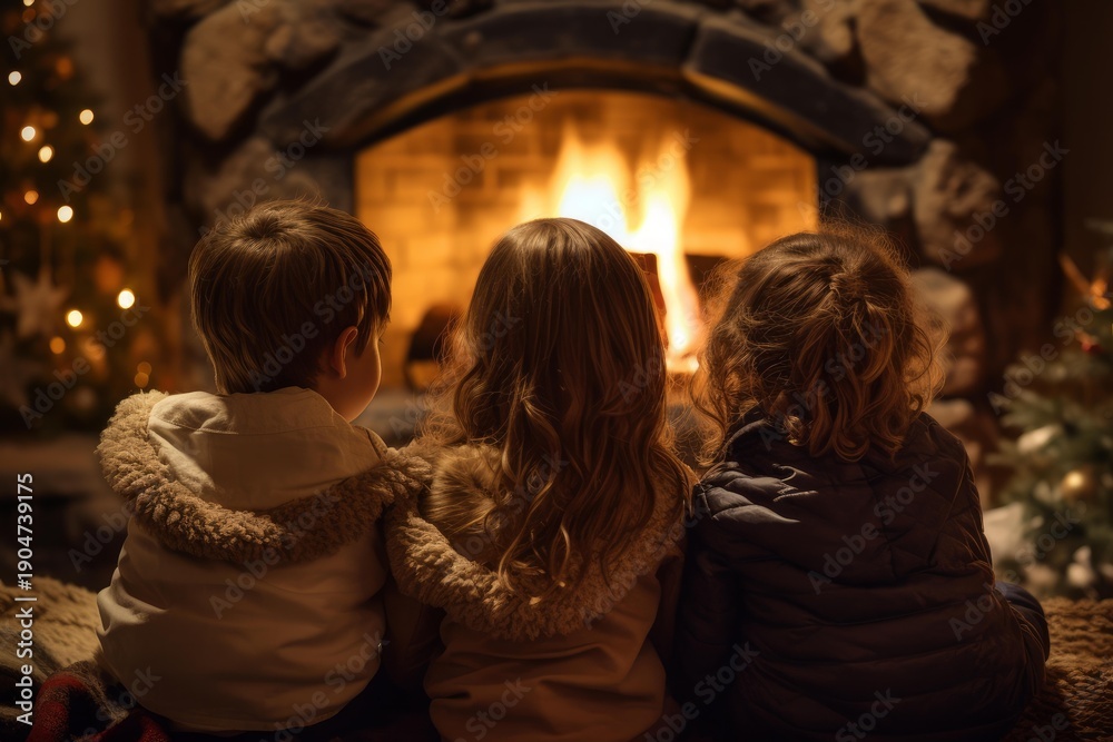 Naklejka premium Children are sitting together, watching the warm flames of a stone fireplace during winter holidays