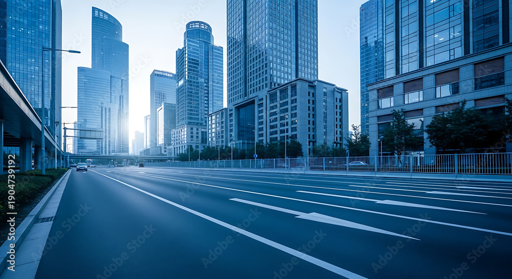Fototapeta premium Empty Financial District at Dawn with Modern Glass Skyscrapers