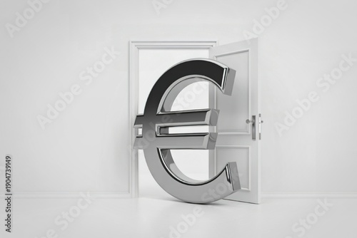 A 3D rendered image of a massive silver Euro currency symbol