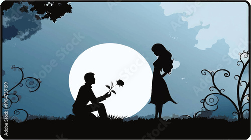 romantic couple silhouette at night with full moon light