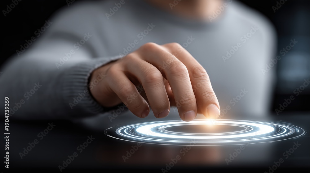 Fototapeta premium Close-up of a persons hand touching a glowing futuristic interface with light rings
