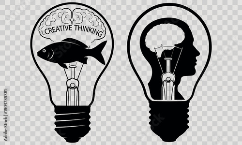 Creative thinking concept with light bulbs and fish and human brain