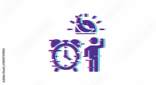 Glitch effect icon of a person waking up to an alarm clock with sun and moon symbol representing day and night cycle
