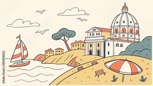 Scenic coastal landscape illustration featuring a grand cathedral dome and a beach with a sailboat