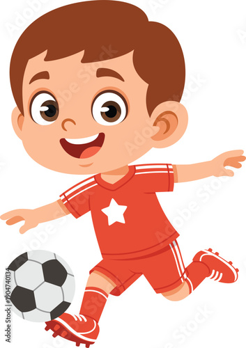 Flat vector illustration of a boy kicking a soccer ball at a playground. Active child character representing outdoor sports, physical activity, and healthy childhood play. 