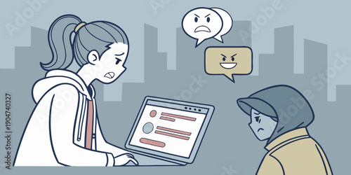 Young girl looks distressed while viewing hateful messages on a laptop, depicting a serious social issue of cyberbullying and online harassment in a digital environment.