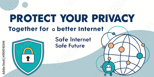 Digital privacy concept illustration displays a secure shield with a padlock protecting a global network, emphasizing online security and data protection in the digital age.
