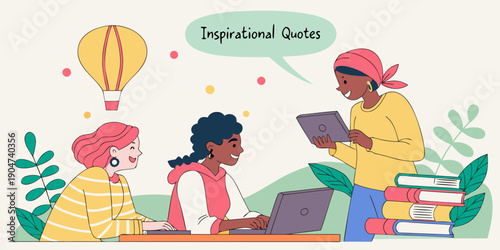 Diverse women collaborate on digital devices, with one holding a tablet and two using laptops, conveying a modern scene of teamwork, learning, and shared inspiration.