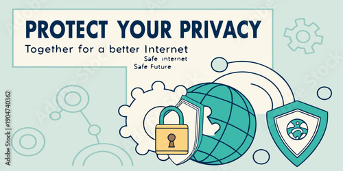 Internet privacy concept illustration shows a golden padlock securing a global network, emphasizing digital data protection and online safety for users.
