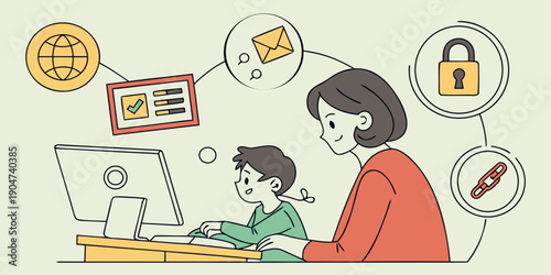 Mother supervises young boy using a desktop computer while illustrating concepts of online security, email, and internet access.