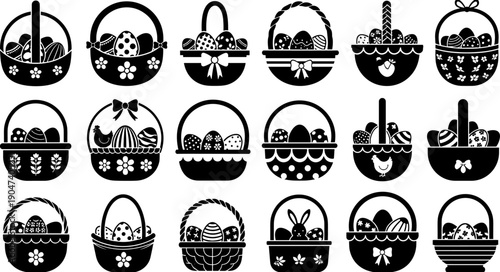 Set of black Easter basket silhouettes filled with decorated eggs for spring holiday celebration greeting cards and festive seasonal party decor