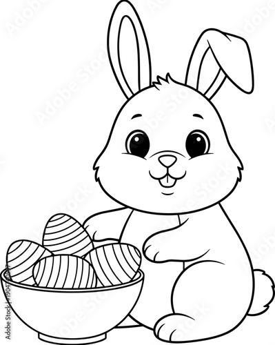 Cute Easter bunny coloring page vector illustration with a bowl of decorated eggs for spring holiday celebration and children activities